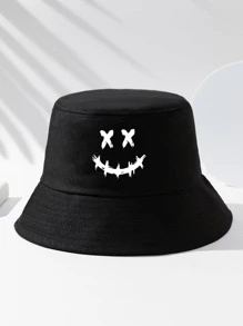 1pc Unisex Expression Print Sun Protection Casual Bucket Hat For Daily Life - Black - View 1