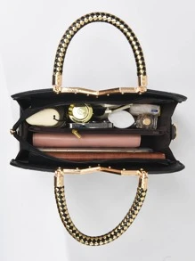 PLANEE幾何圖案方形包金屬邊緣時尚雙手柄經典手提斜挎包，菱形圖案手提肩背包實色手提包配掛飾裝飾，母親節禮物、媽媽禮物、媽媽必備物品、外出媽媽包 - 黑色 - 查看 9