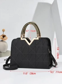 PLANEE幾何圖案方形包金屬邊緣時尚雙手柄經典手提斜挎包，菱形圖案手提肩背包實色手提包配掛飾裝飾，母親節禮物、媽媽禮物、媽媽必備物品、外出媽媽包 - 黑色 - 查看 3