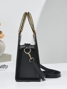 PLANEE幾何圖案方形包金屬邊緣時尚雙手柄經典手提斜挎包，菱形圖案手提肩背包實色手提包配掛飾裝飾，母親節禮物、媽媽禮物、媽媽必備物品、外出媽媽包 - 黑色 - 查看 6