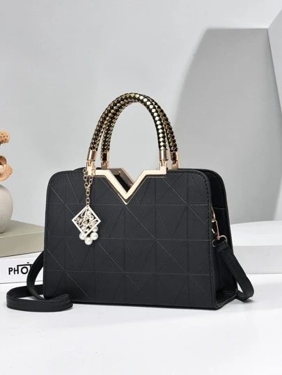 PLANEE Geometric Pattern Square Bag Metal Edge Fashionable Double Handle Classic Tote Satchel Bag Rhombus Pattern Shoulder Bag Solid Color Handbag With Pendant Decor, Mother Day Gifts, Mom Gifts, Mommy's Essentials, Mommy Bag For Going Out , Mum Gifts