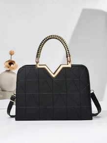 PLANEE幾何圖案方形包金屬邊緣時尚雙手柄經典手提斜挎包，菱形圖案手提肩背包實色手提包配掛飾裝飾，母親節禮物、媽媽禮物、媽媽必備物品、外出媽媽包 - 黑色 - 查看 5