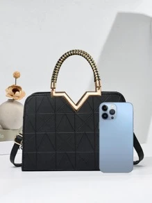PLANEE幾何圖案方形包金屬邊緣時尚雙手柄經典手提斜挎包，菱形圖案手提肩背包實色手提包配掛飾裝飾，母親節禮物、媽媽禮物、媽媽必備物品、外出媽媽包 - 黑色 - 查看 4