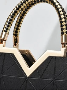 PLANEE幾何圖案方形包金屬邊緣時尚雙手柄經典手提斜挎包，菱形圖案手提肩背包實色手提包配掛飾裝飾，母親節禮物、媽媽禮物、媽媽必備物品、外出媽媽包 - 黑色 - 查看 8