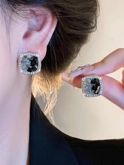 1 đôi Bông tai pha lê cổ điển kiểu Pháp & Đính đá Cubic Zirconia vuông dành cho phụ nữ đeo hàng ngày, trang sức đơn giản và phù hợp