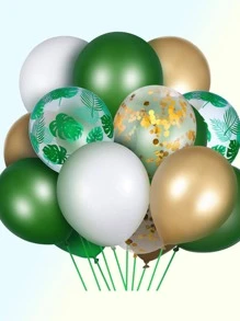 16入組叢林野生動物園主題綠色白色五彩紙屑氣球帶棕櫚葉印花乳膠球形兒童