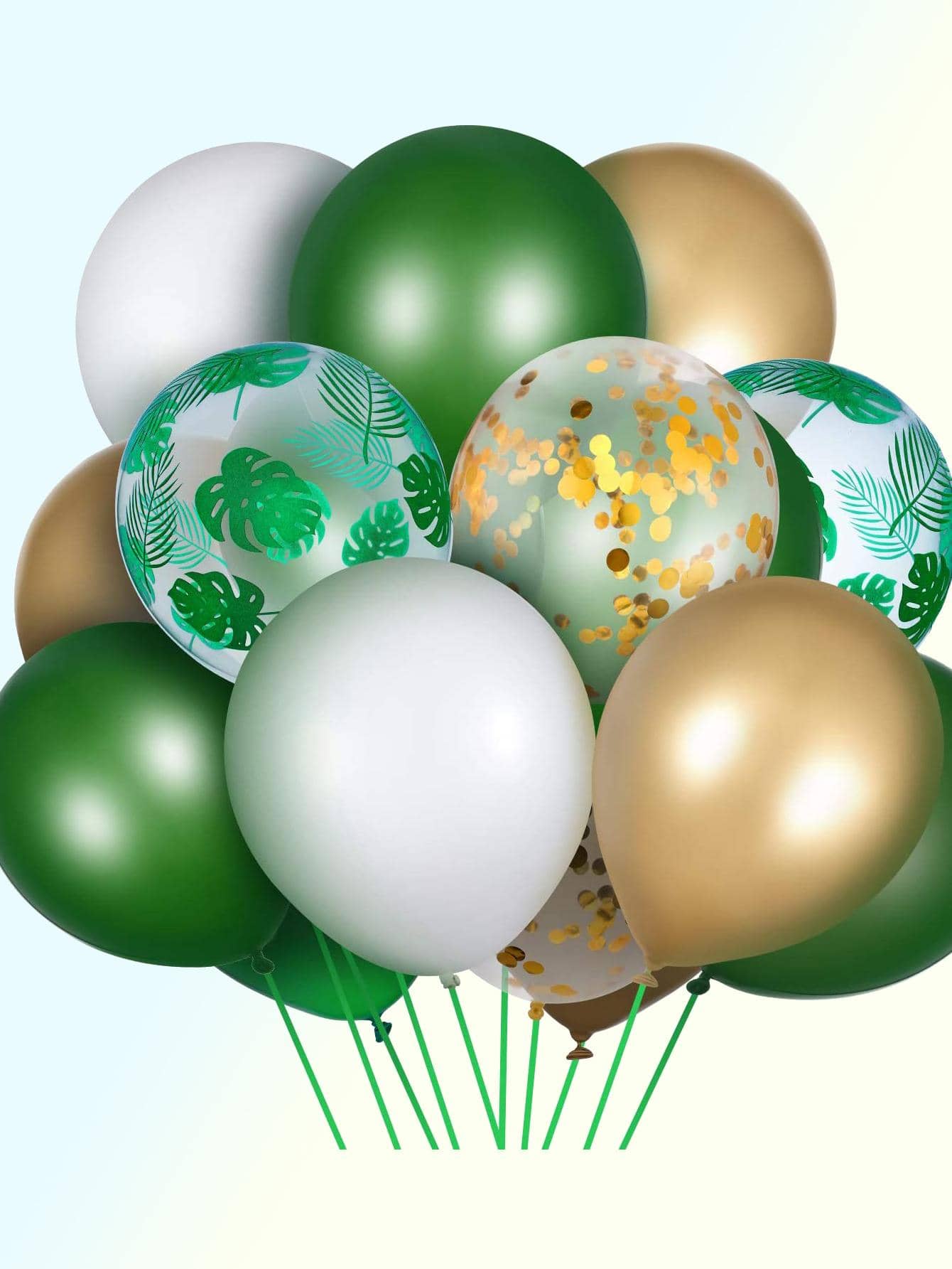 16入組叢林野生動物園主題綠色白色五彩紙屑氣球帶棕櫚葉印花乳膠球形兒童