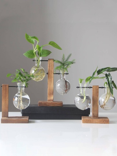 1set Terrarium Hydroponic Plant Vases Flower Pot Transparent Wooden Frame Glass Hanging Vase Tabletop Home Decoration Room Decor Flower Vase Glass Vase