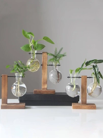 1set Terrarium Hydroponic Plant Vases Flower Pot Transparent Wooden Frame Glass Hanging Vase Tabletop Home Decoration Room Decor Flower Vase Glass Vase