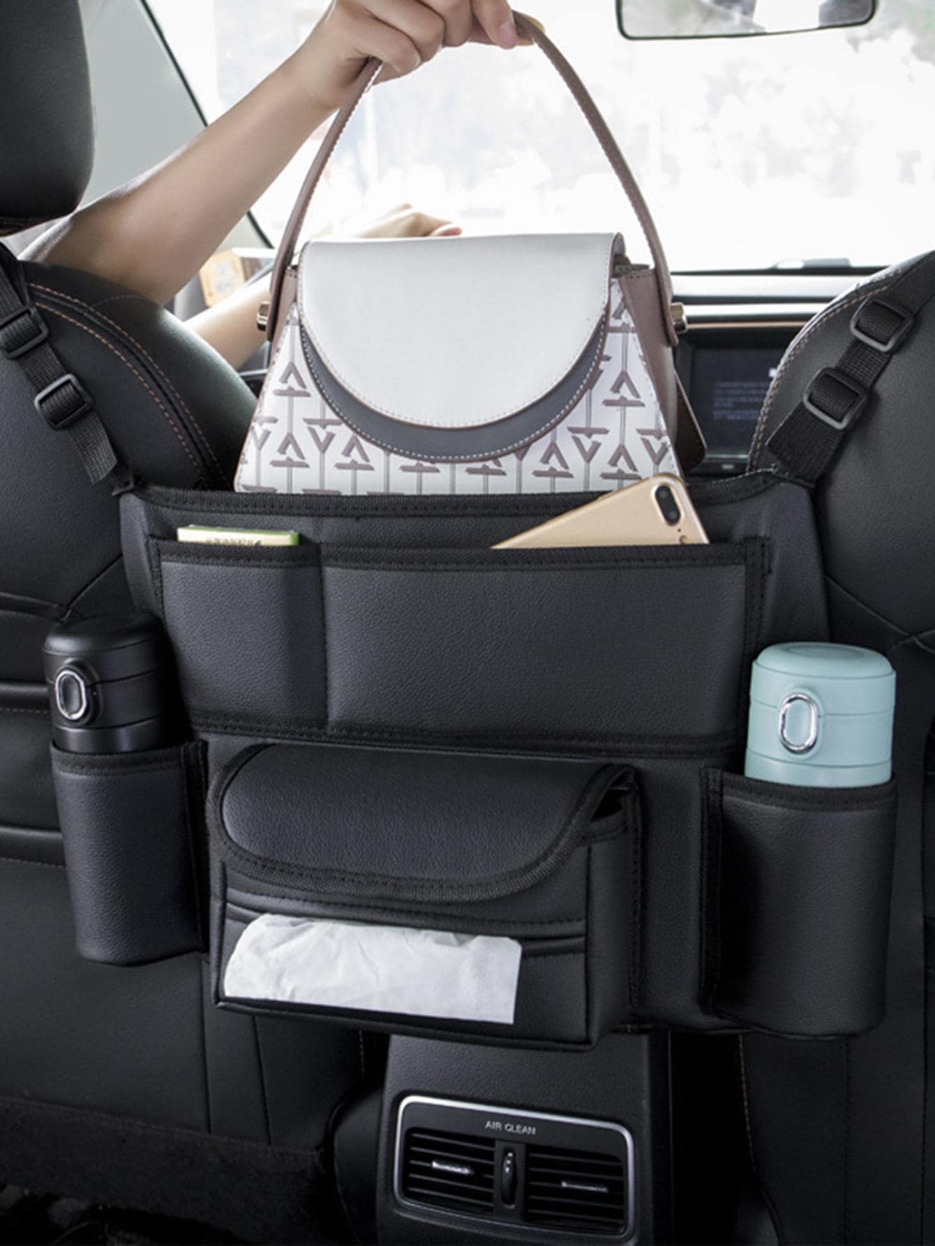 汽車座椅儲物袋,掛袋,扶手箱,汽車面紙盒,多功能袋式儲物裝置,隨身物品儲物袋 - 黑色 - 查看 1