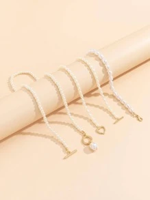 2pcs/Set Exquisite Faux Pearl Decor Geometric Pendant Necklace For Women For Party