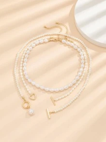 2pcs/Set Exquisite Faux Pearl Decor Geometric Pendant Necklace For Women For Party