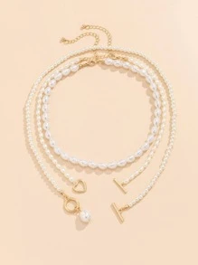 2pcs/Set Exquisite Faux Pearl Decor Geometric Pendant Necklace For Women For Party