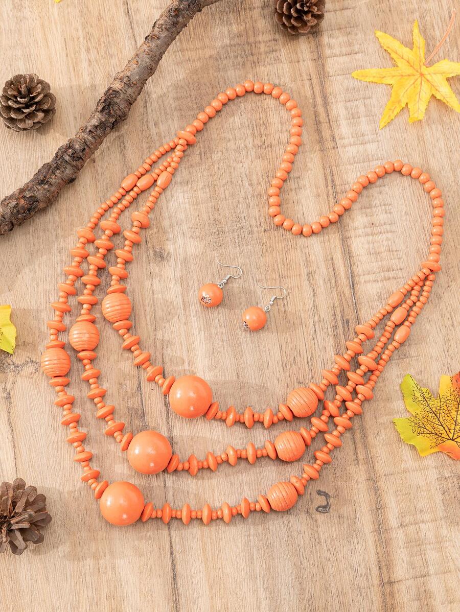 Bead Decor Layered Necklace & Drop Earrings - Orange - View 1