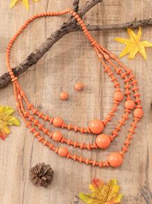 Bead Decor Layered Necklace & Drop Earrings - Orange - View 2