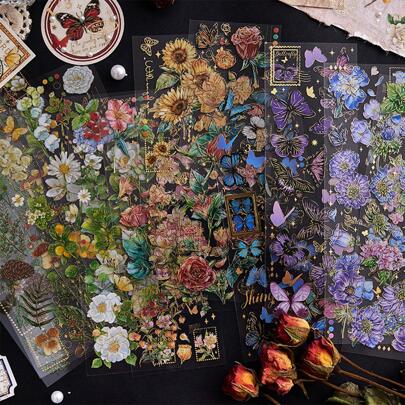 20 hojas de pegatinas transparentes de flores para manualidades, scrapbooking y scrapbook. Pegatinas de plantas vintage PET, pegatinas decorativas de flores transparentes, impermeables, no autoadhesivas, para diario, álbum, portátil, tarjetas, material escolar y vuelta al cole.
