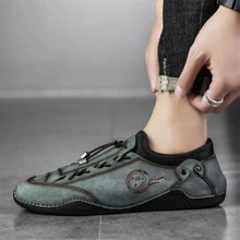 Men's Handmade Low-cut Flat Slip-on Driving Shoes - Green - View 5