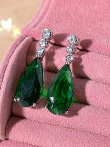 Rhinestone Water Drop Earrings - Green - View 4