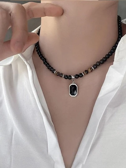 Men's Necklace, Fashionable Black Obsidian Beaded Chain With Versatile Style And Cool Design Aesthetics, Ideal For Casual Wear And Stacking, Great Accessory For Men
