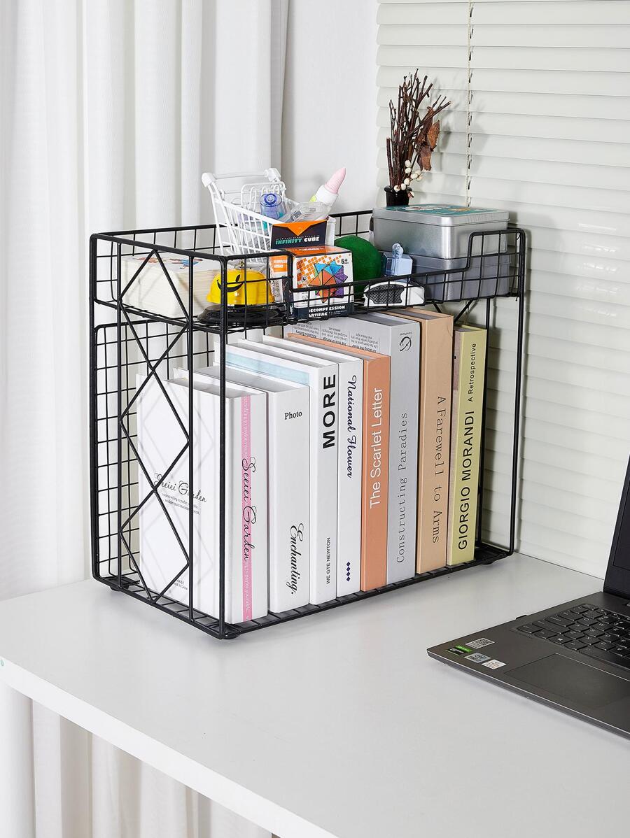 1pc Black Book Storage Rack, Minimalist Multi-purpose Stationery Storage Rack For Office, Home - Black - View 1