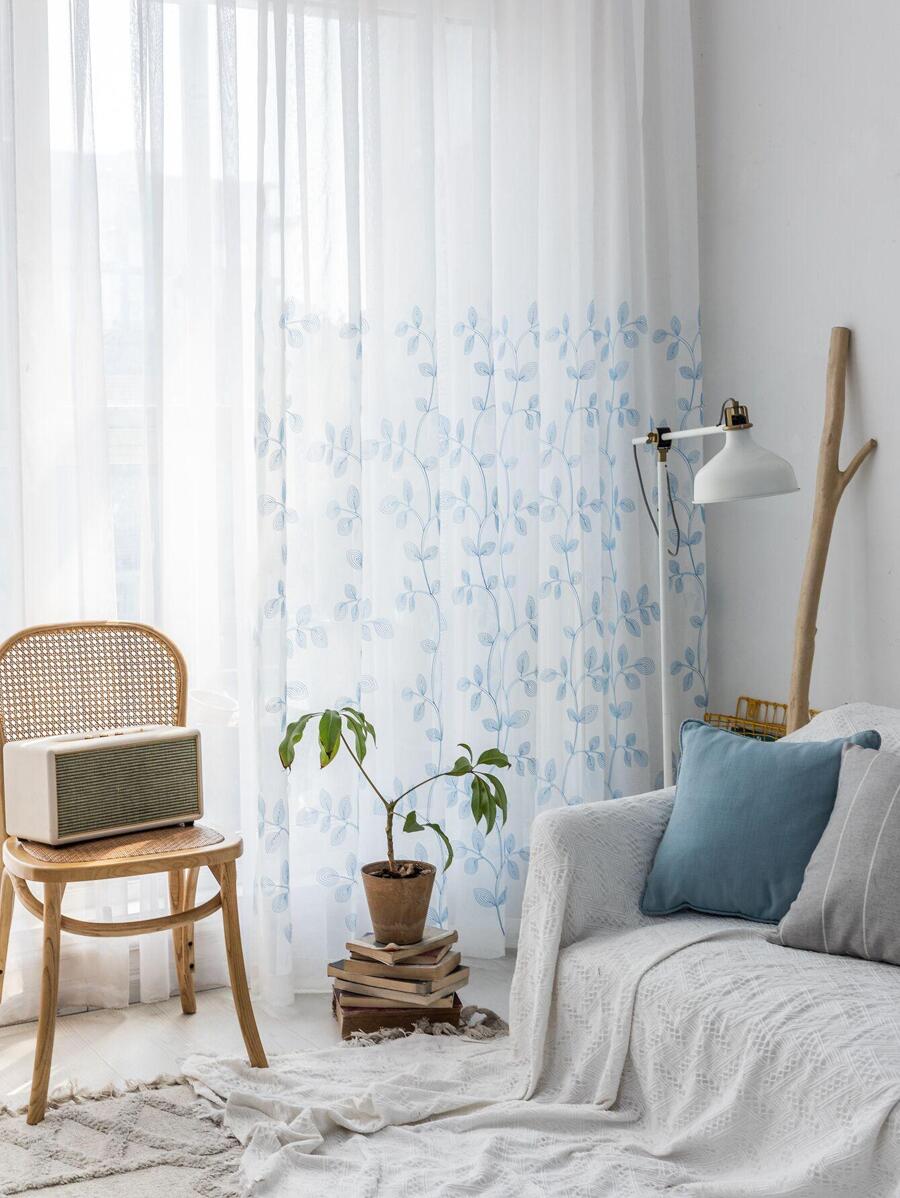 葉子刺繡單片透視窗簾 - 藍色 - 查看 1