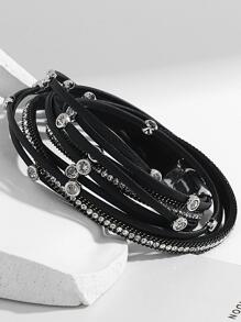 1Pc Strap Round Buckle Design Rhinestone-Studded Multi-Layer PU Leather Cord Bracelet For Women Mom Gift Christmas Thanksgiving Halloween Wedding Rave/Prom/Party/Daily/Beach Accessories Gift For Anniversary Valentine's Day Boho Jewelry Birthday Bridesmaid Gifts - Black - View 4