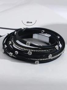 1Pc Strap Round Buckle Design Rhinestone-Studded Multi-Layer PU Leather Cord Bracelet For Women Mom Gift Christmas Thanksgiving Halloween Wedding Rave/Prom/Party/Daily/Beach Accessories Gift For Anniversary Valentine's Day Boho Jewelry Birthday Bridesmaid Gifts - Black - View 5