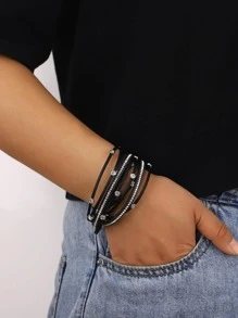 1Pc Strap Round Buckle Design Rhinestone-Studded Multi-Layer PU Leather Cord Bracelet For Women Mom Gift Christmas Thanksgiving Halloween Wedding Rave/Prom/Party/Daily/Beach Accessories Gift For Anniversary Valentine's Day Boho Jewelry Birthday Bridesmaid Gifts - Black - View 2