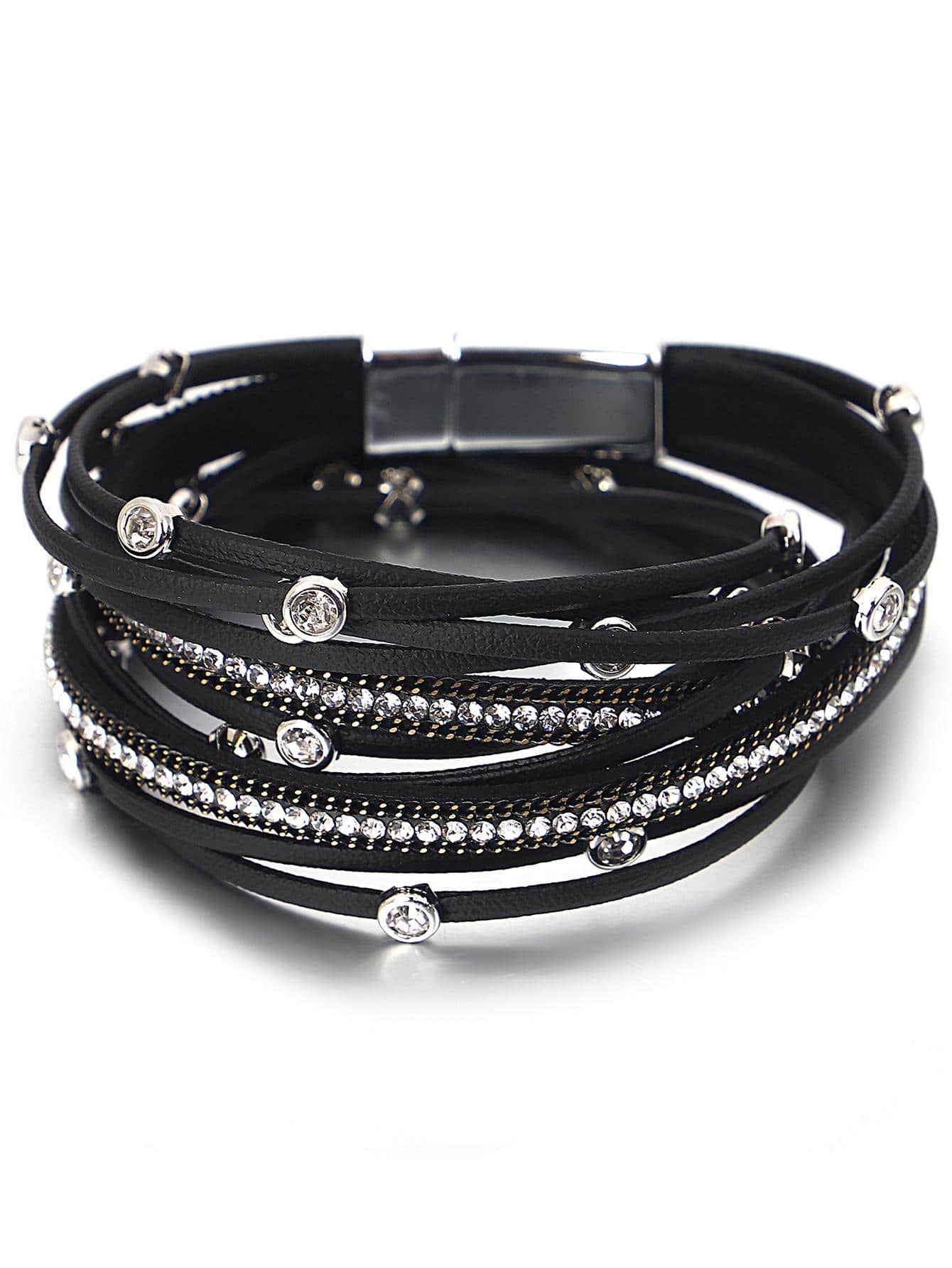 1Pc Strap Round Buckle Design Rhinestone-Studded Multi-Layer PU Leather Cord Bracelet For Women Mom Gift Christmas Thanksgiving Halloween Wedding Rave/Prom/Party/Daily/Beach Accessories Gift For Anniversary Valentine's Day Boho Jewelry Birthday Bridesmaid Gifts - Black - View 1