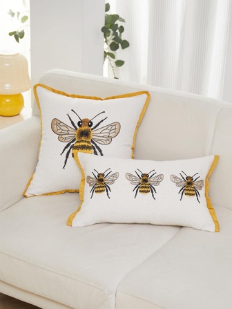 1pc Bee Embroidery Cushion Cover Without Filler, Modern Throw Pillow Cover, Pillow Insert Not Include, For Sofa, Living Room