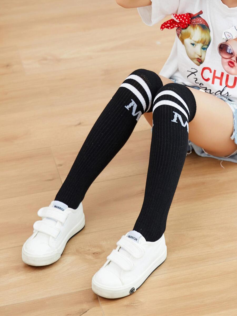 1 đôi Trẻ em Sọc Chữ cái Trên đầu gối Cao Vớ Bóng đá Thể thao Vớ Đối với Em bé , Sinh viên & Thanh thiếu niên - màu đen - Xem 1