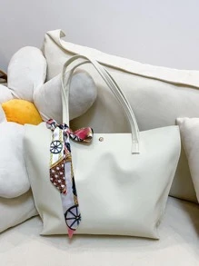 Skinny Scarf Decor Shoulder Tote Bag Elegant Style - White - View 6