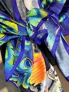 1入組時尚女士們圖案蓮花紋緞面海灘披肩圍巾,理想適用於日常穿著 - 寶藍色 - 查看 4