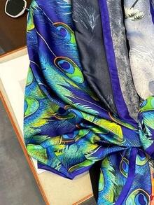 1入組時尚女士們圖案蓮花紋緞面海灘披肩圍巾,理想適用於日常穿著 - 寶藍色 - 查看 3