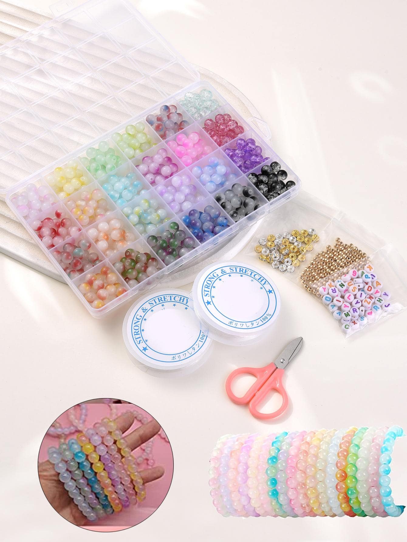 透明彩色玻璃珠手鍊製作套裝，女孩可愛可愛手鍊項鍊飾品製作 - 彩色 - 查看 1