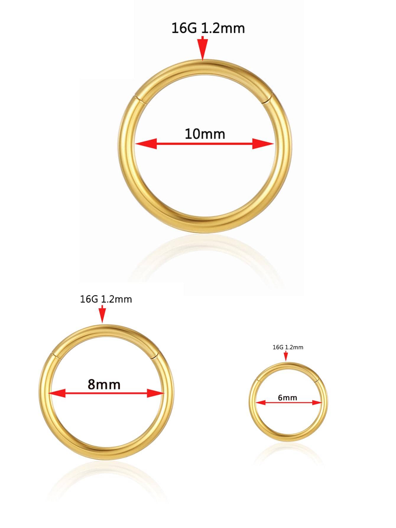 鈦金屬圓環鼻環穿刺首飾,g23鈦合金可植入軟骨鼻環耳環,3支分鼻環穿刺產品,6/8/10/12mm寬 - 金黃色 - 查看 6
