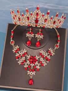 3入組鑲嵌鑽石飾品套裝及皇冠設計的頭帶皇室王冠 - 紅色 - 查看 1