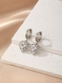 1 Pair Silver Color Rhinestone & White Cubic Zirconia Heart Shaped Stylish Simple Earrings