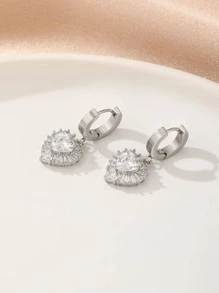 1 Pair Silver Color Rhinestone & White Cubic Zirconia Heart Shaped Stylish Simple Earrings