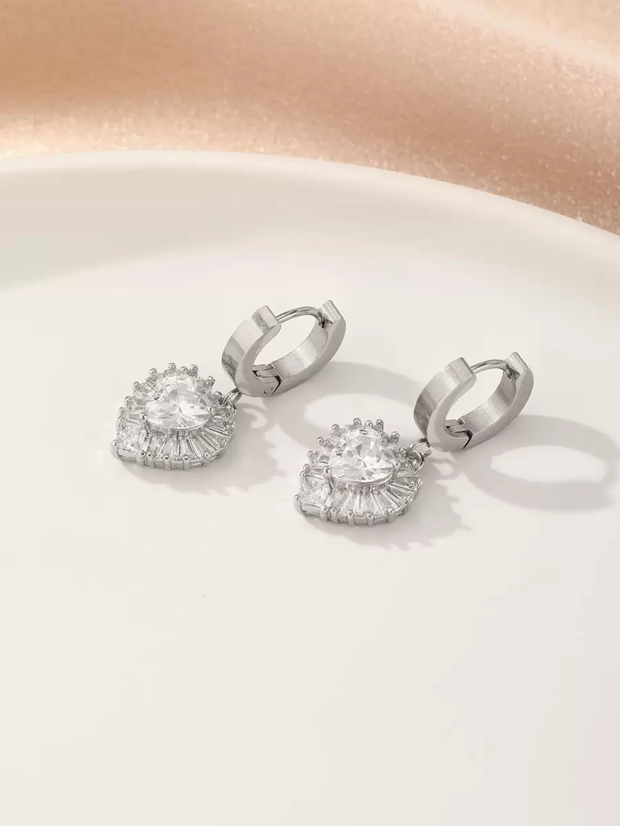 1 Pair Silver Color Rhinestone & White Cubic Zirconia Heart Shaped Stylish Simple Earrings