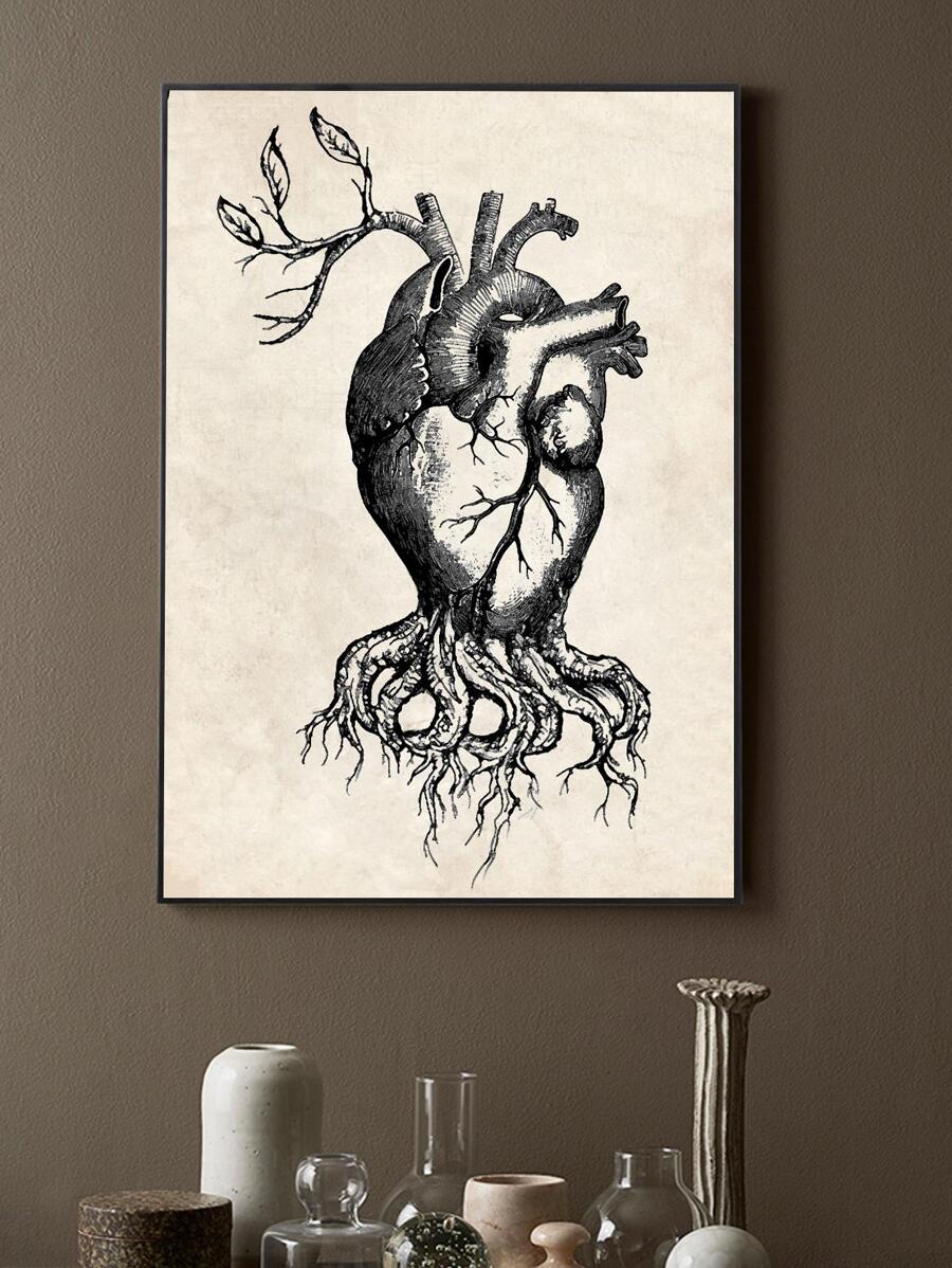 1入組心和樹圖案無框復古創意掛畫繪畫裝飾 - 黑與白 - 查看 1