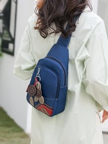 時尚優雅藝術防水耐用輕便多口袋方便耳機插孔設計實用女式單肩斜挎腰胸包適合工作、度假、購物、休閒和聚會 - 藍色 - 查看 5