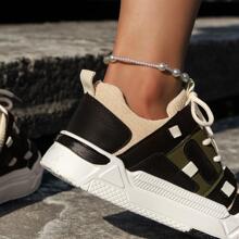 Sporty Skate Shoes For Women, Colorblock Lace-up Front Outdoor Sneakers