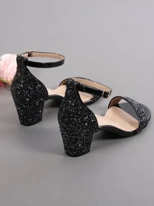 Fashionable Chunky Heel Glitter High Heel Sandals - Black - View 4