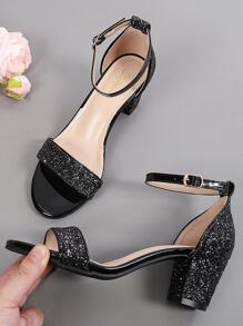 Fashionable Chunky Heel Glitter High Heel Sandals - Black - View 3