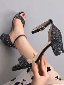 Fashionable Chunky Heel Glitter High Heel Sandals - Black - View 8