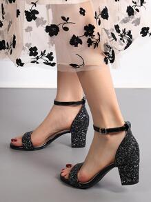 Fashionable Chunky Heel Glitter High Heel Sandals - Black - View 1