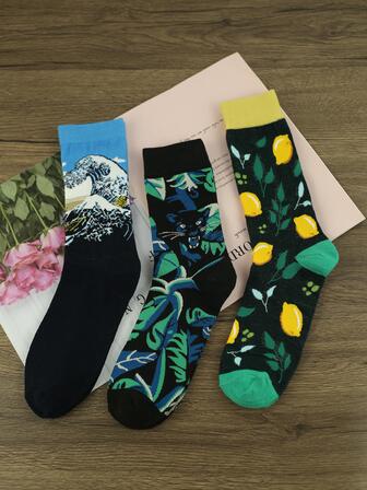3雙男士水果和熱帶圖案中筒襪