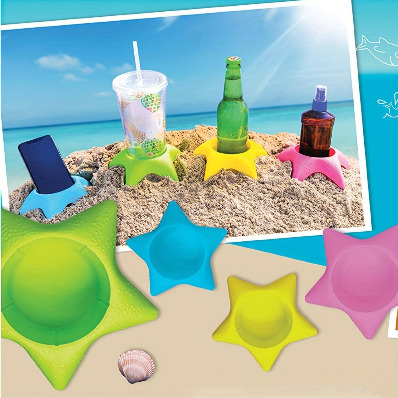 1入組海星飲料杯支架沙杯墊海灘度假配件 - 藍色 - 查看 1
