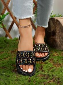 2023 New Arrival Women's Rhinestone Sparkle Slides For Summer Beachwear With Studs And Thick Platform